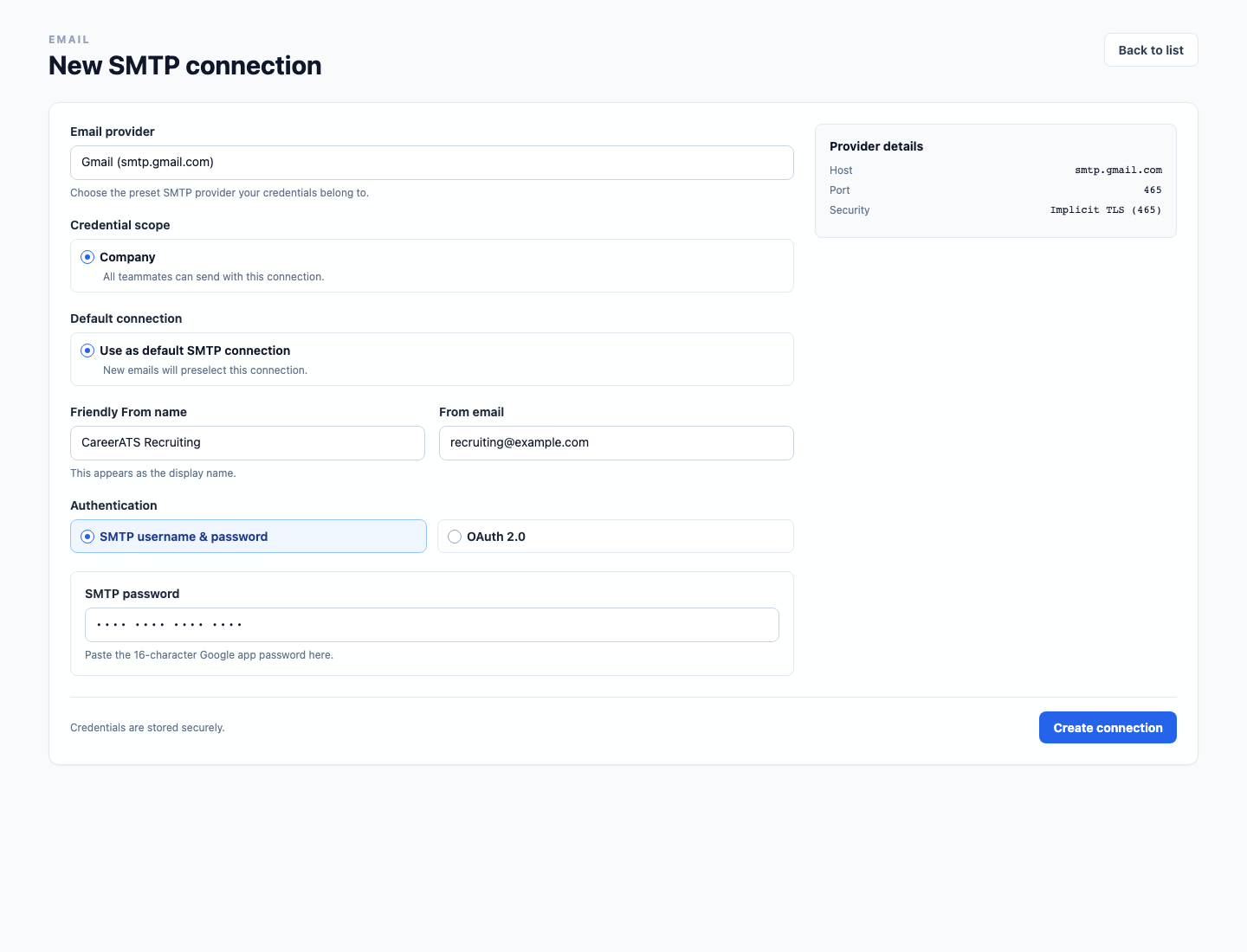 CareerATS New SMTP connection form configured for Gmail and SMTP password authentication