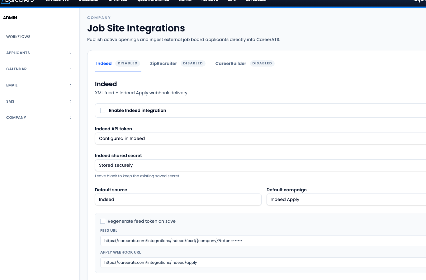 CareerATS Job Site Integrations page with the Indeed integration settings open