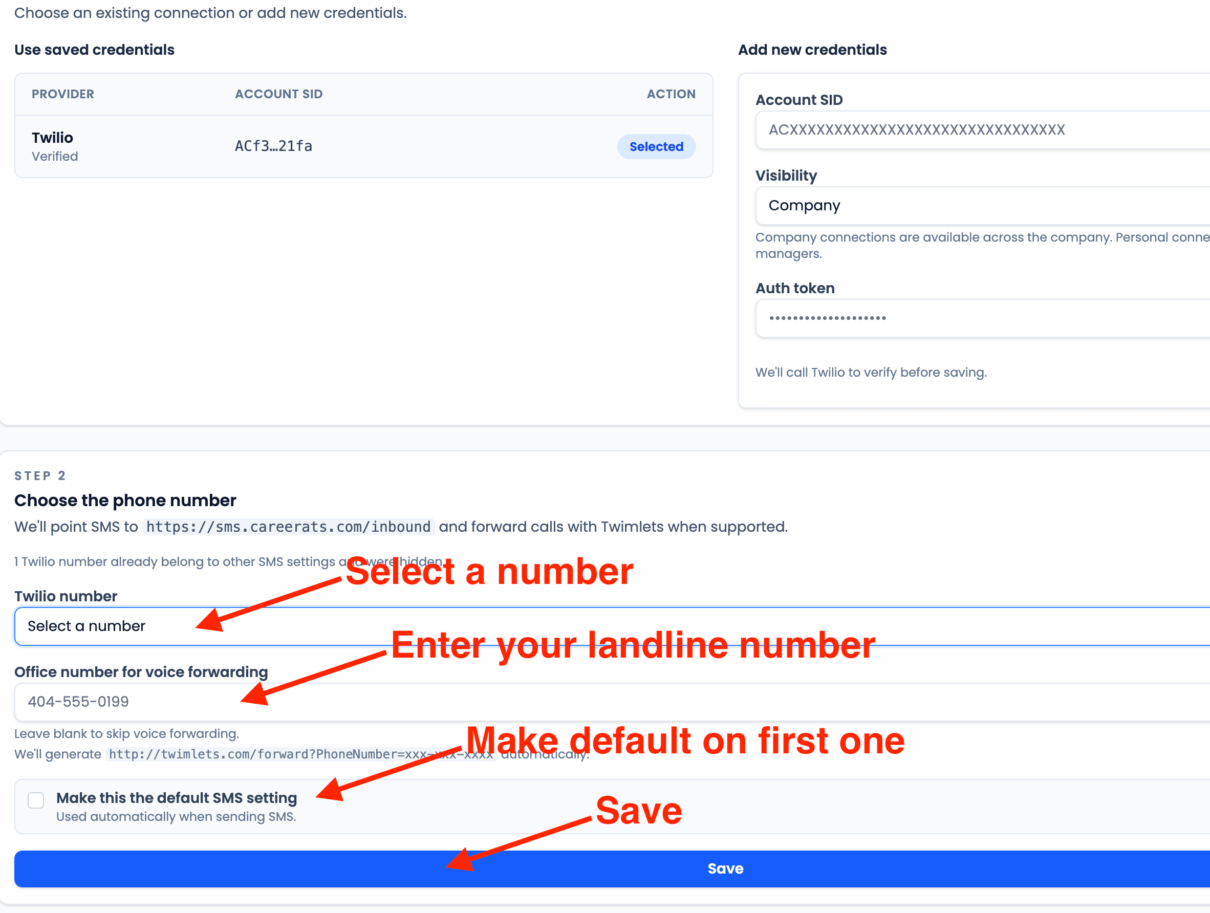 CareerATS SMS setup number selection with number, office number, default setting, and save highlighted