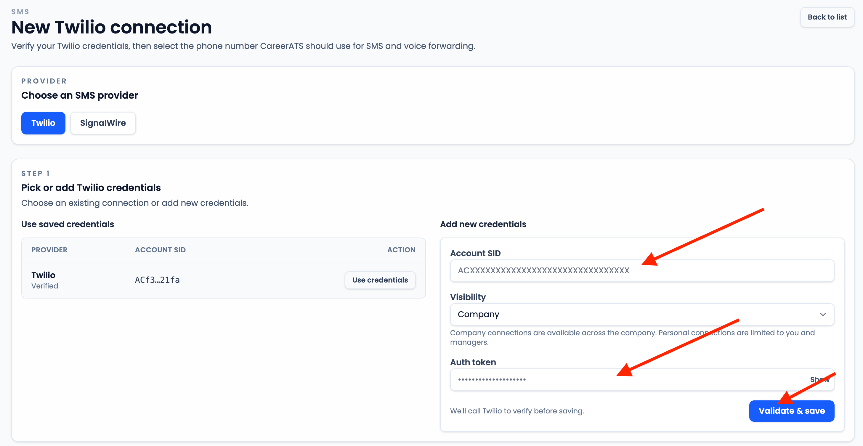 CareerATS new Twilio connection page with Account SID, Auth token, and Validate and save highlighted