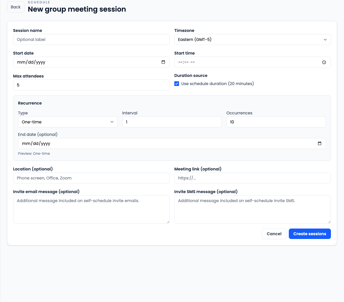 CareerATS new group meeting session form with session time, capacity, recurrence, location, and invite message fields