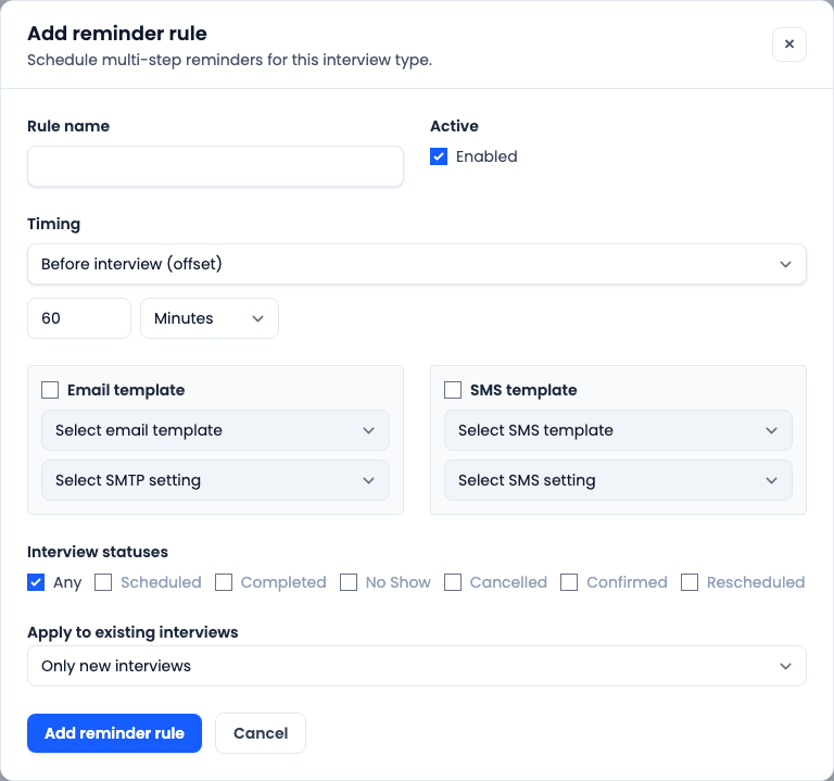CareerATS add reminder rule modal with timing, email template, SMS template, interview status, and apply mode controls