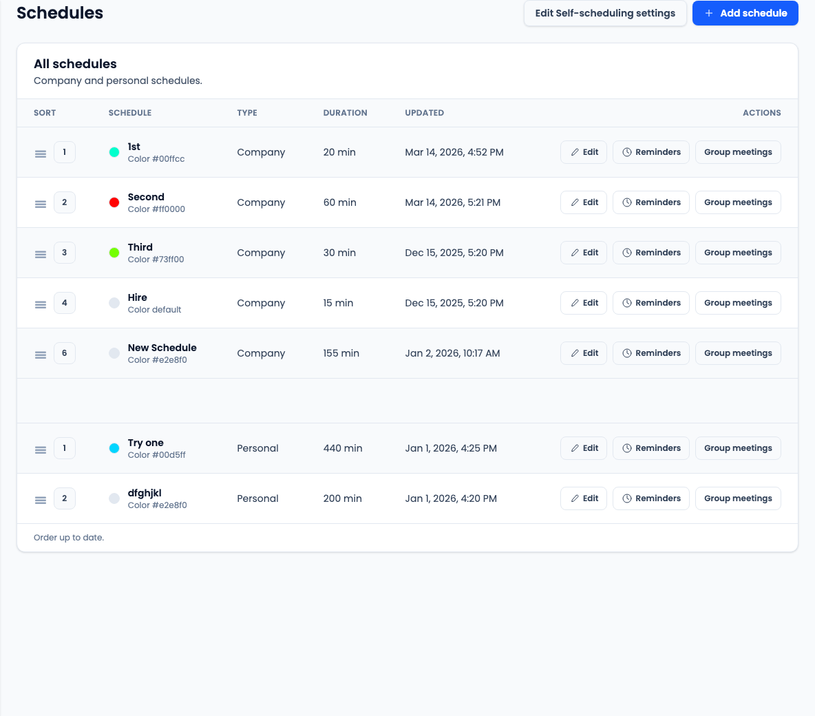CareerATS schedules list showing company and personal schedules with edit, reminders, and group meetings actions