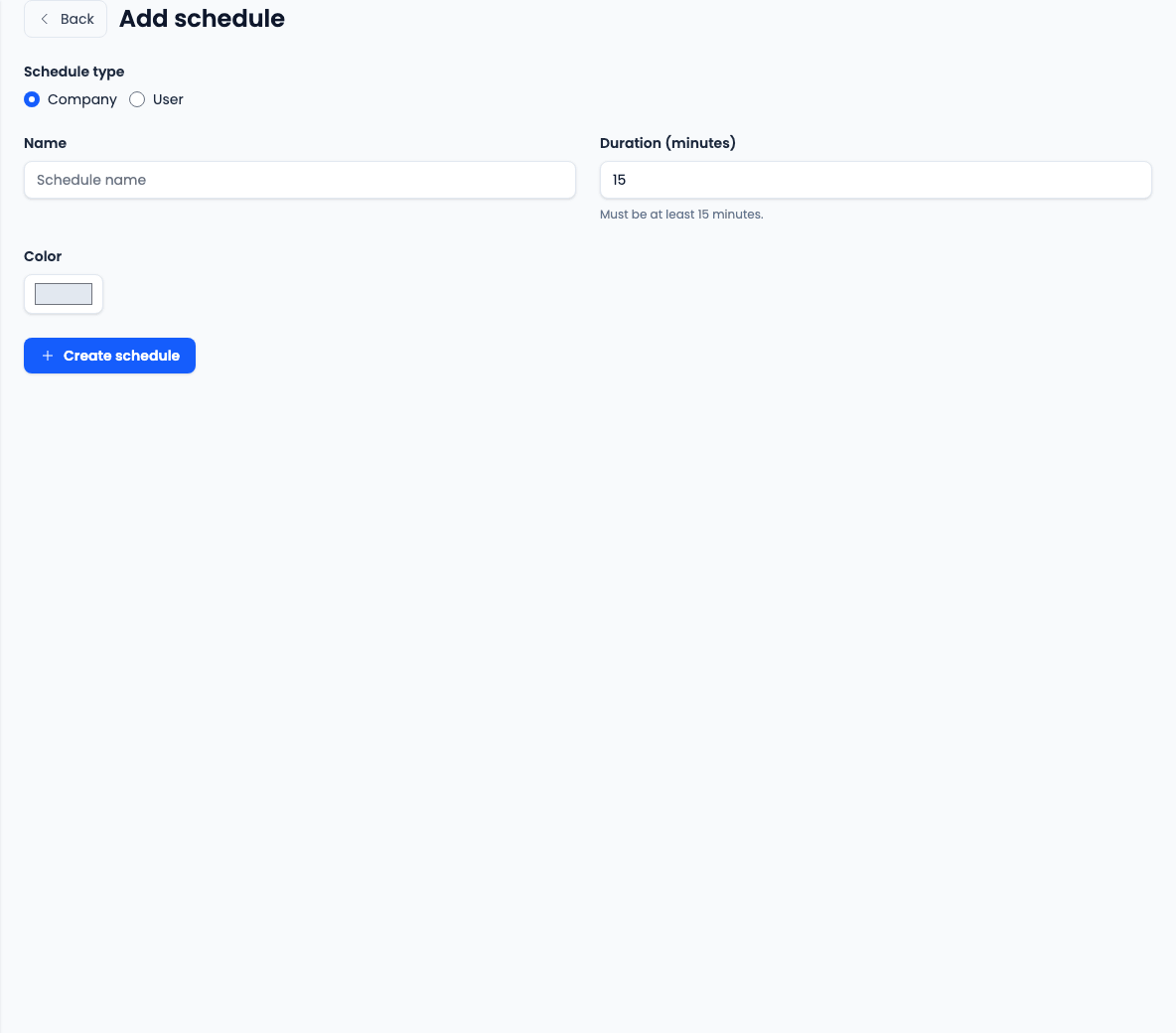 CareerATS add schedule form showing schedule type, name, duration, color, and Create schedule button