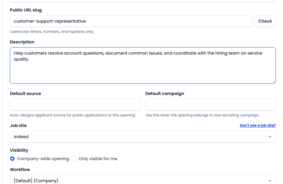 CareerATS new opening form showing the public URL slug, description, job site, visibility, and workflow fields