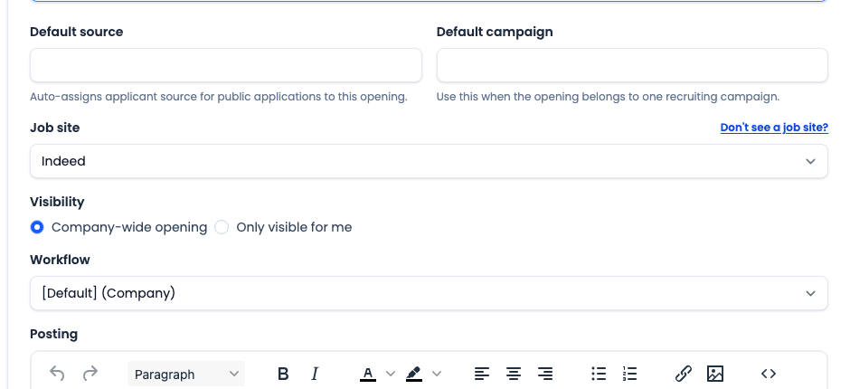 CareerATS new opening form with Indeed selected as the job site and a company workflow selected