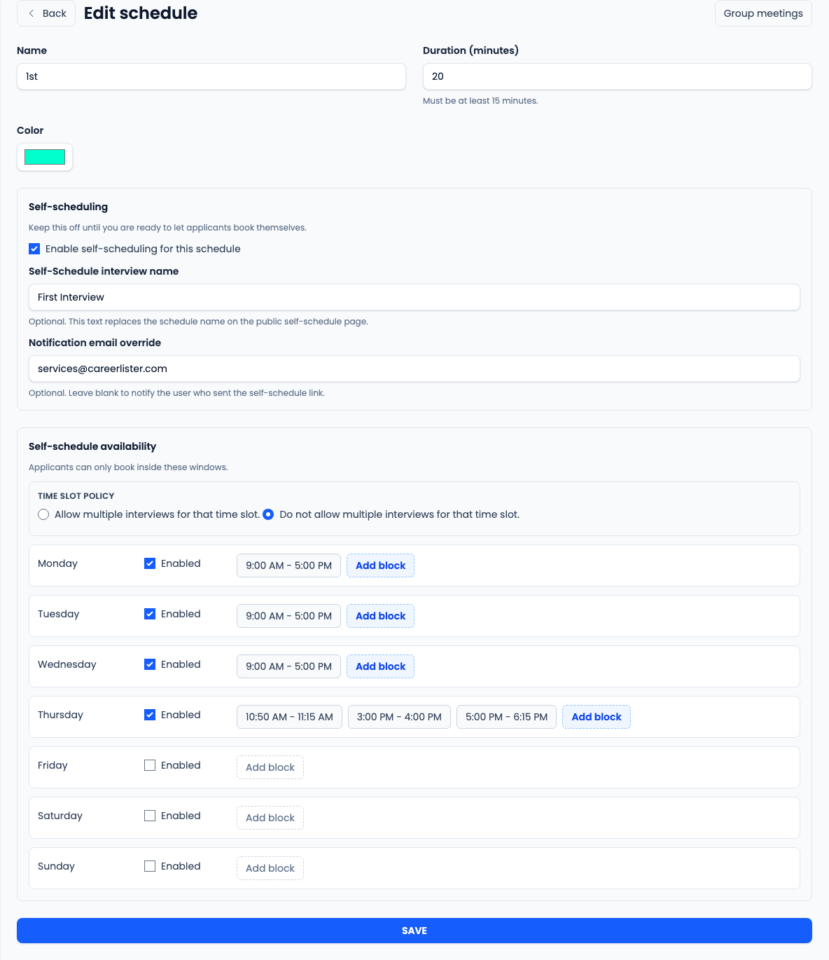 CareerATS edit schedule page showing self-scheduling settings and availability blocks