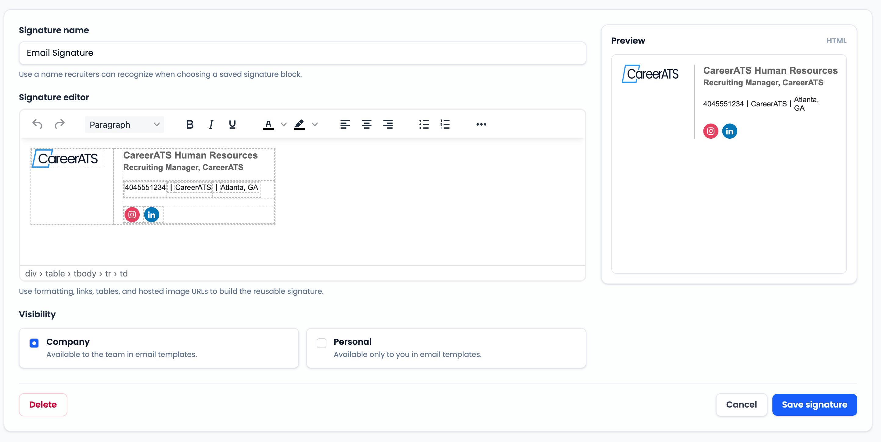 CareerATS email signature editor showing signature name, rich editor, preview, visibility, and save button