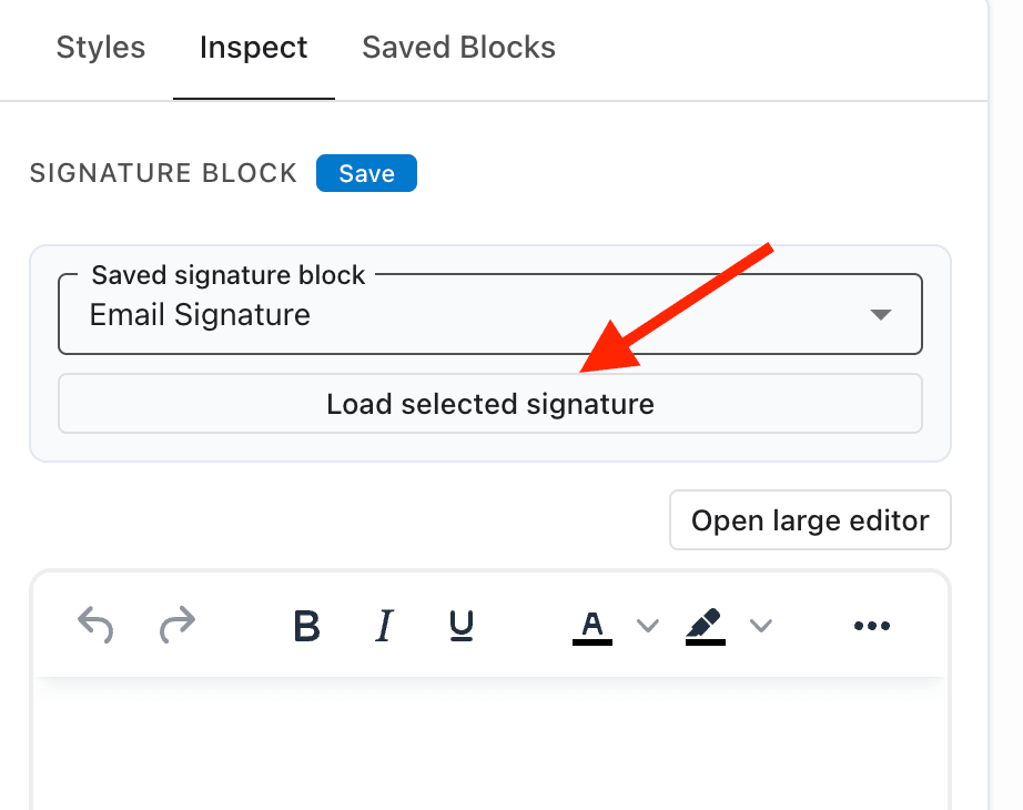 Email template builder Inspect panel with the Load selected signature button highlighted