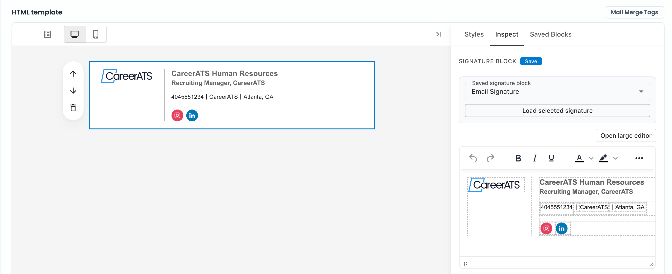 Email template builder canvas showing a loaded CareerATS signature block