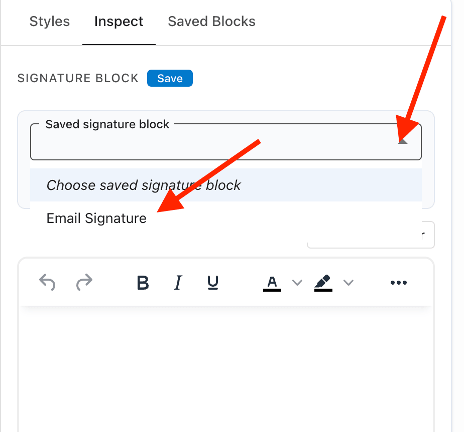 Email template builder Inspect panel with the saved signature block dropdown open