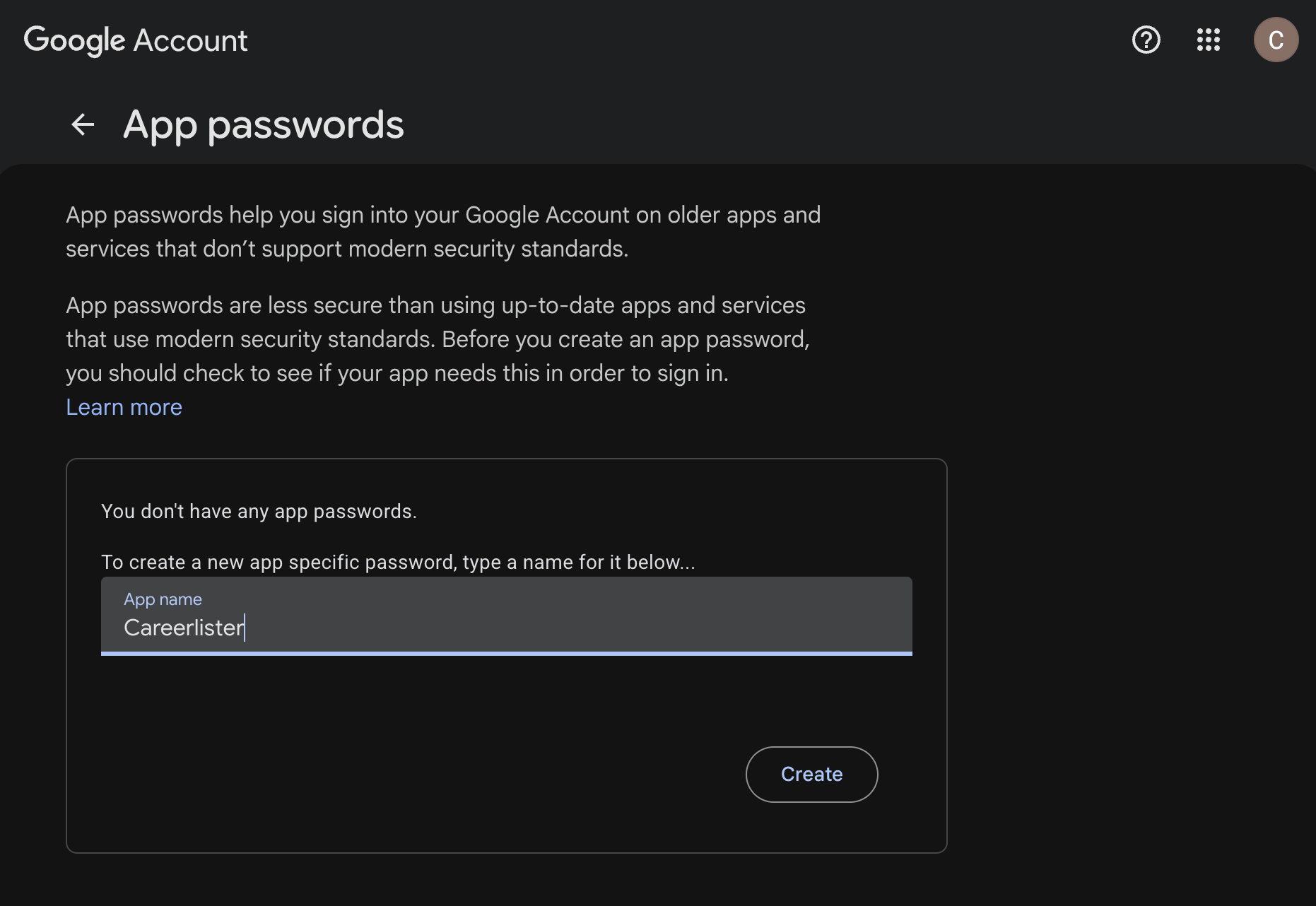 Google App passwords page with an application name entered