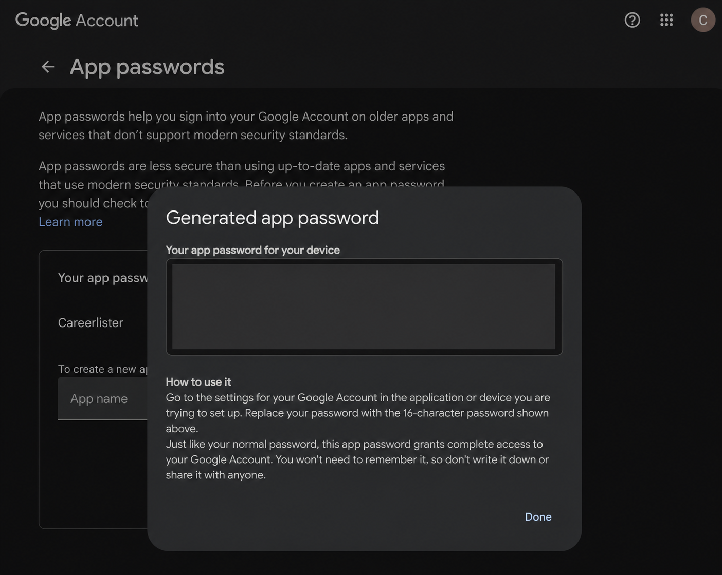 Google dialog showing a generated 16-character app password