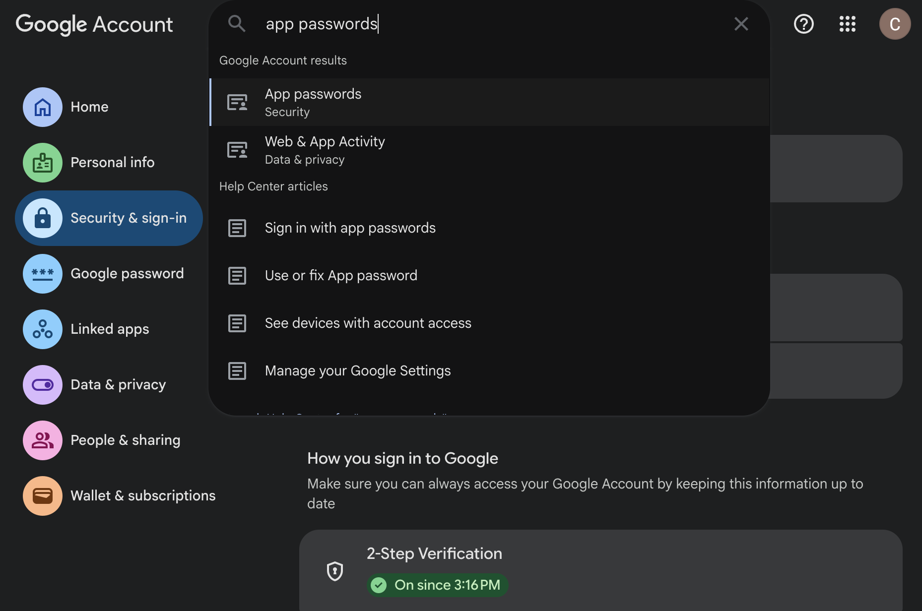 Google Account search results showing App passwords