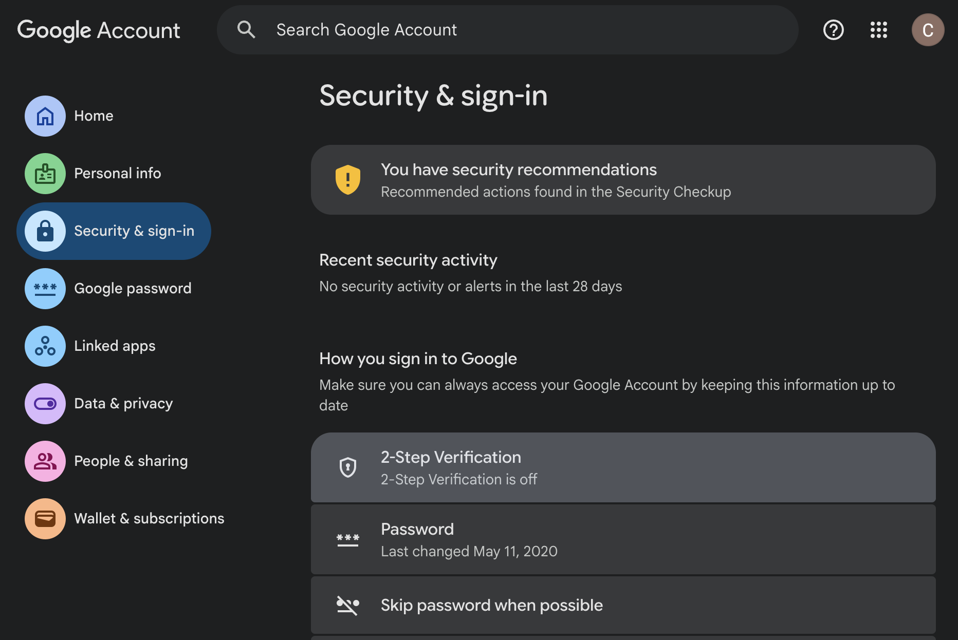 Google Account Security page showing 2-Step Verification under sign-in settings