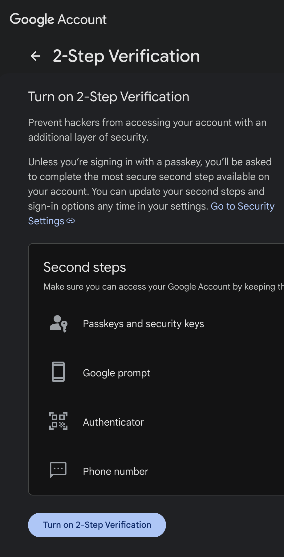 Google 2-Step Verification page with the option to turn it on