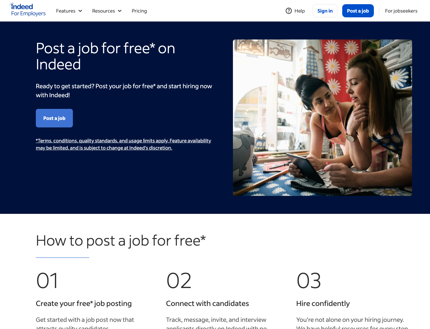 Indeed for Employers Post a Job page with the Post a job button and posting steps