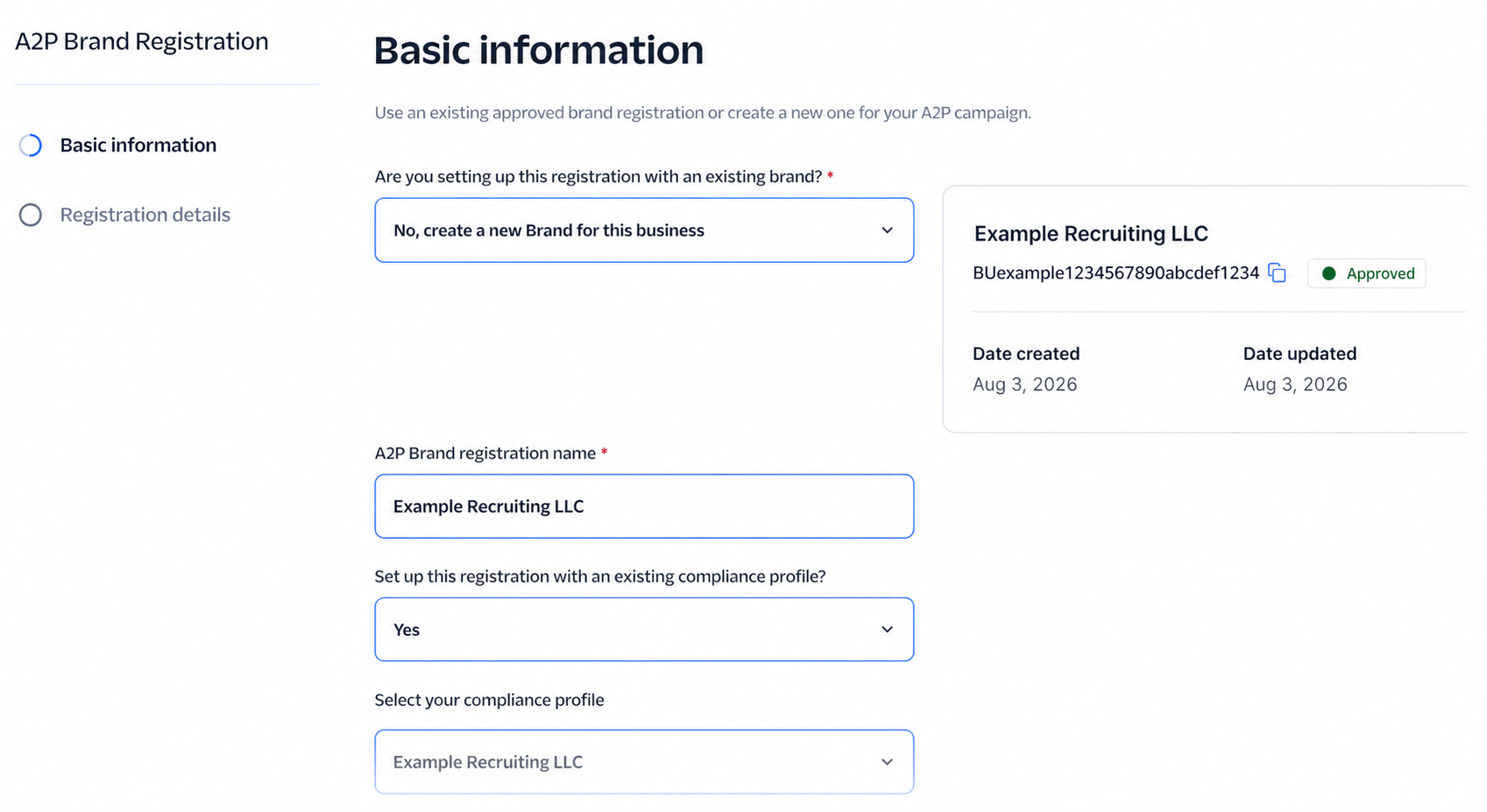 Sanitized Twilio A2P brand registration using a fictional company and identifier
