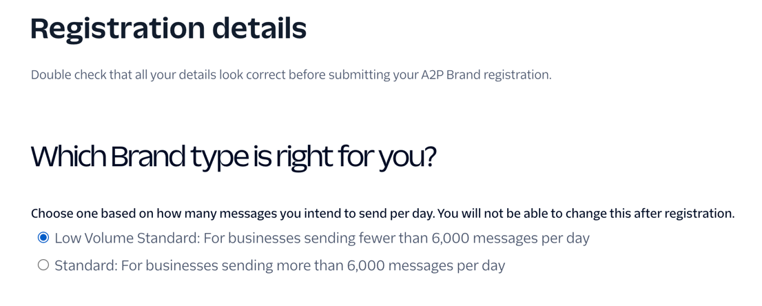 Twilio A2P brand registration showing low volume and standard brand options