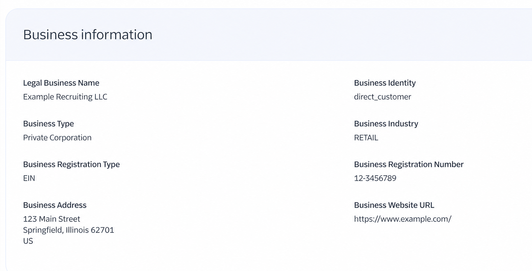 Sanitized Twilio business information with fictional registration and address values