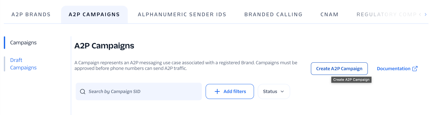 Twilio A2P Campaigns page with Create A2P Campaign button