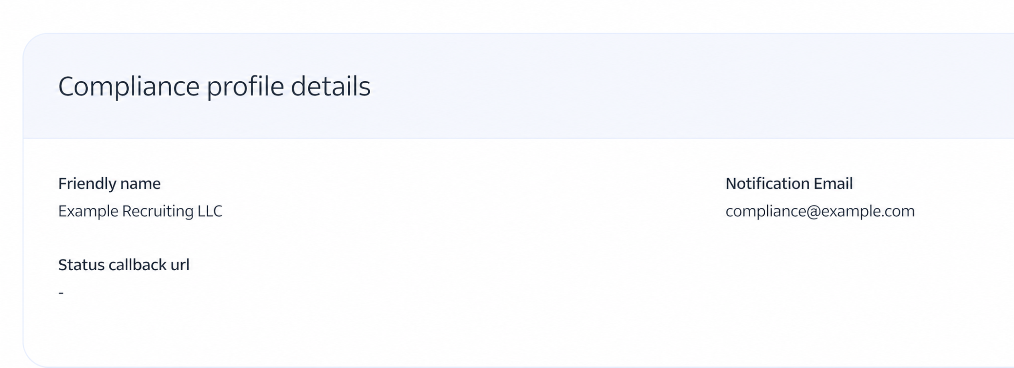 Sanitized Twilio compliance profile showing a fictional company and email address