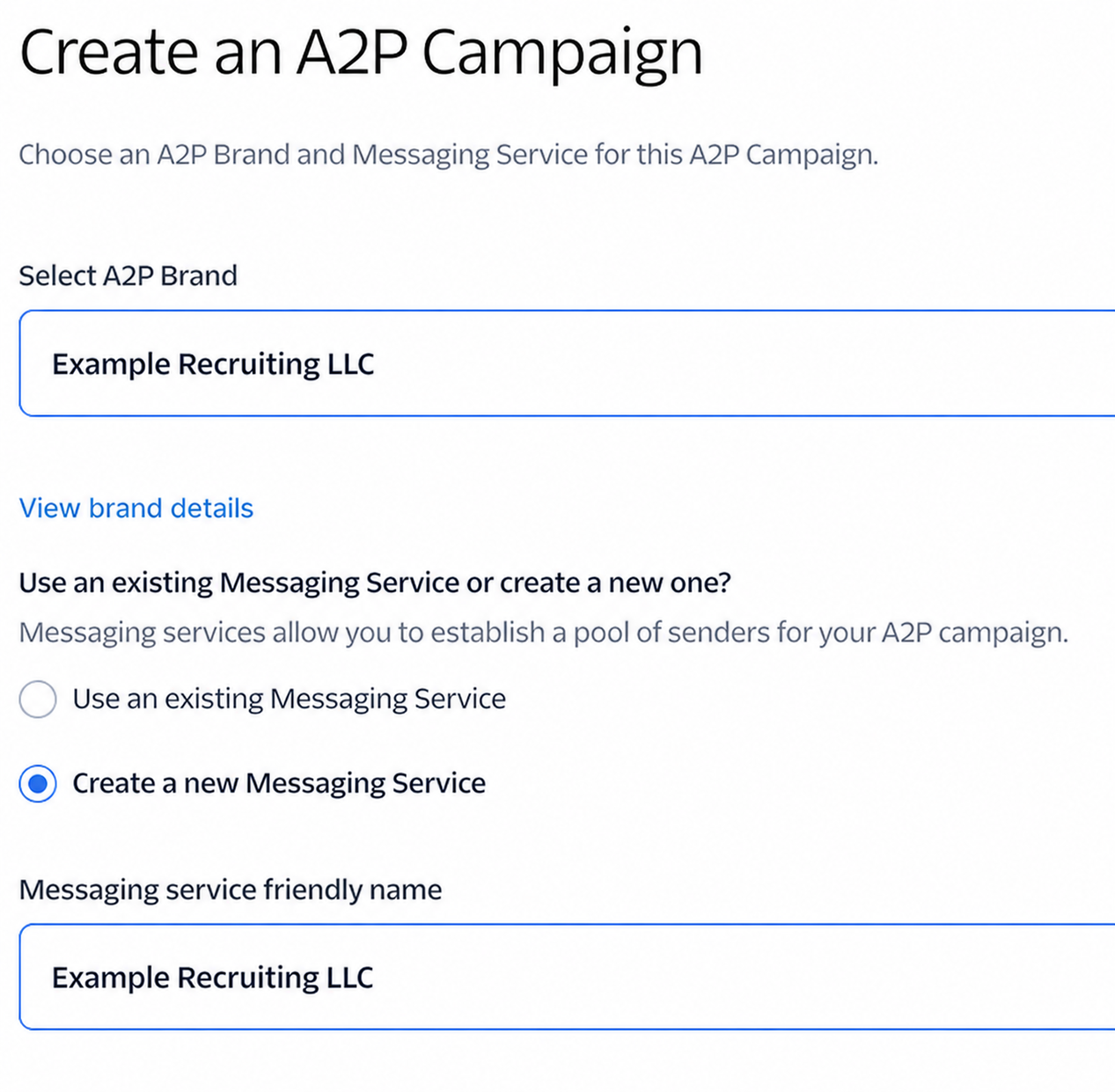 Sanitized Twilio campaign form using a fictional brand and Messaging Service name