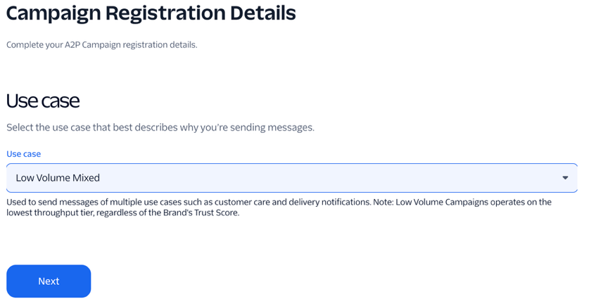 Twilio campaign registration use-case selection