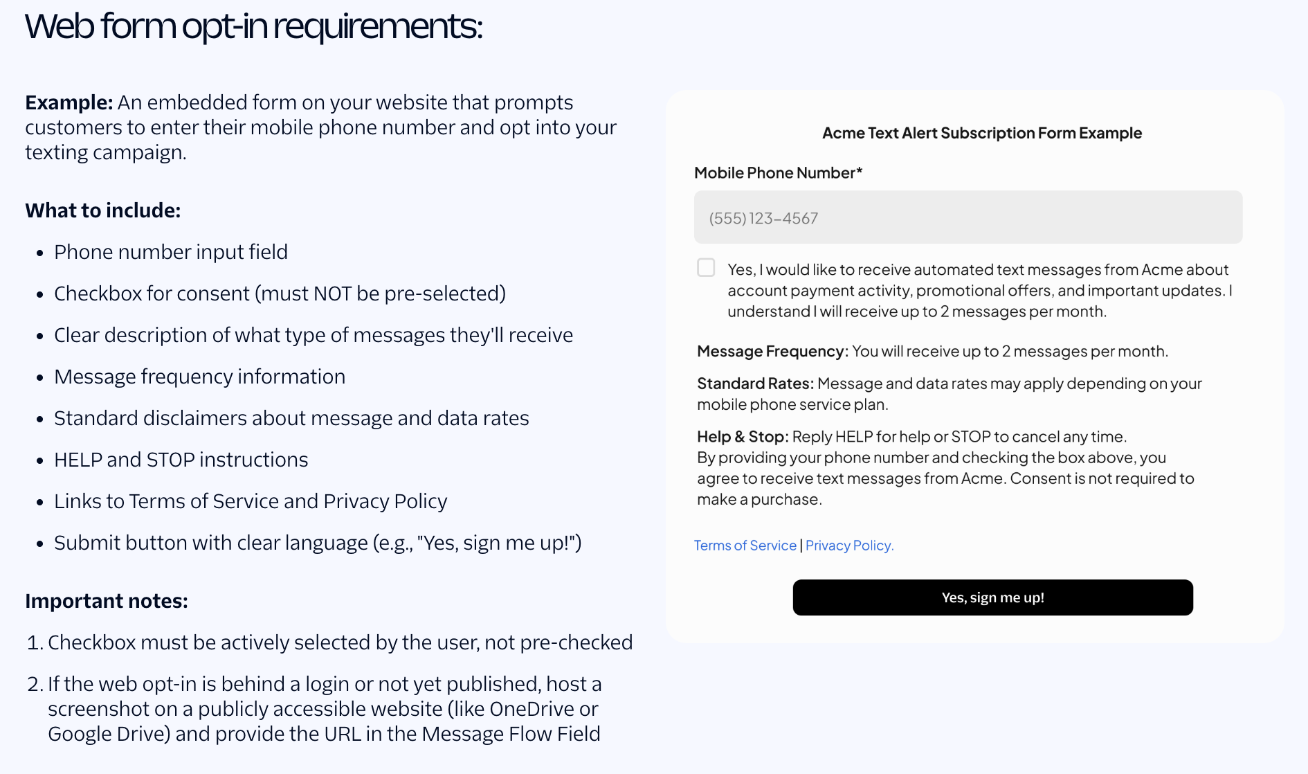Generic web form example showing SMS consent requirements
