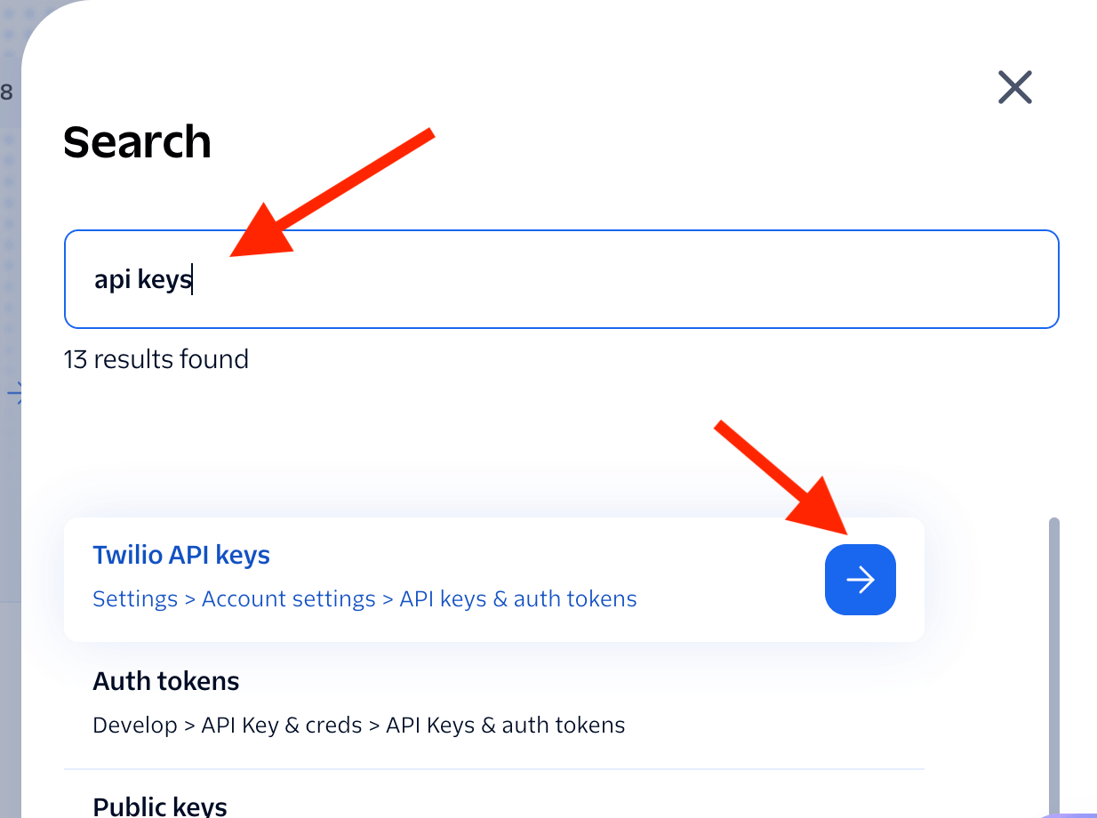 Twilio search modal showing the Twilio API keys result