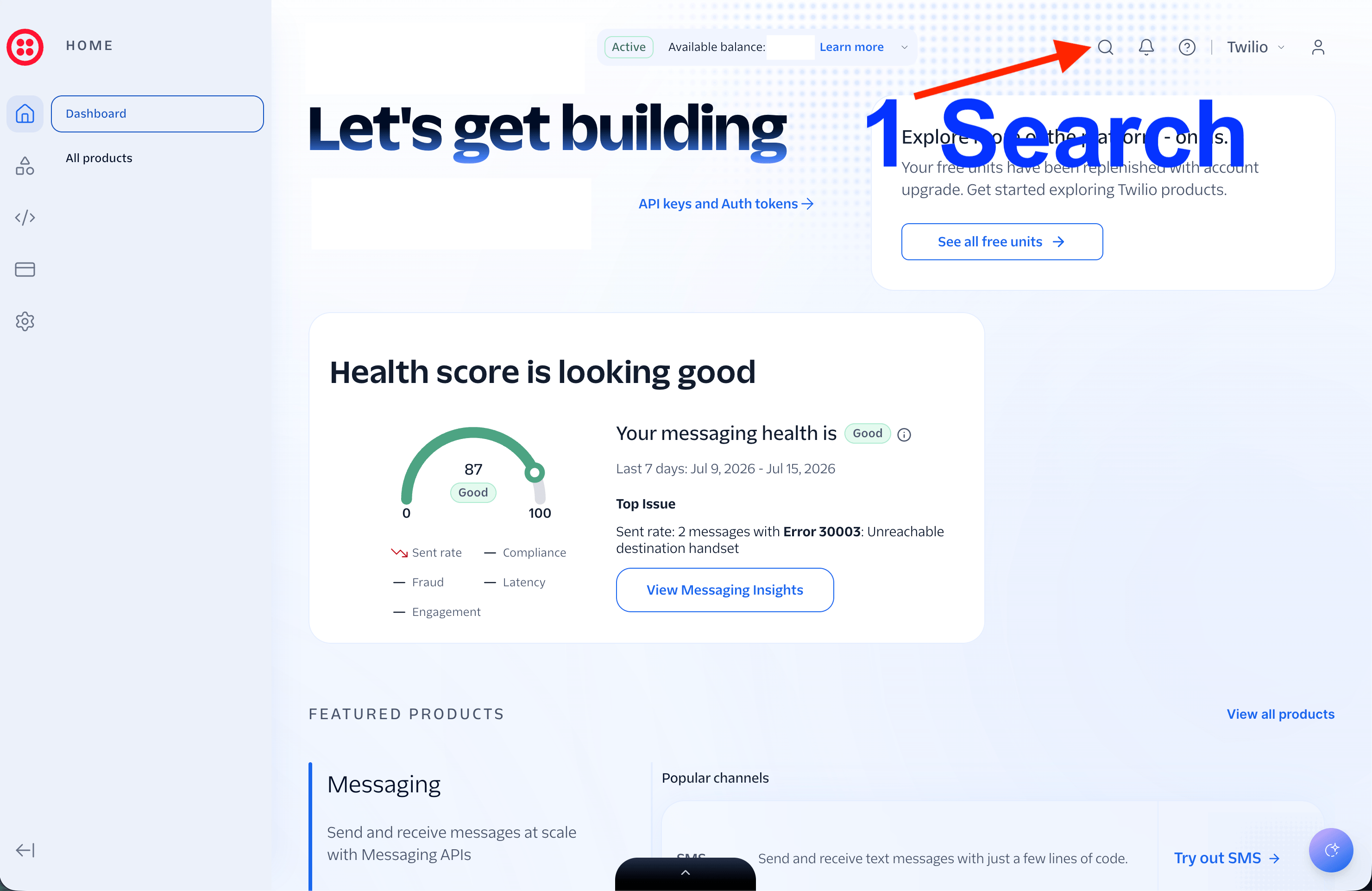 Twilio dashboard with the search icon highlighted